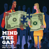 a man and a woman holding two pieces of a one dollar bill. the woman's piece is smaller.