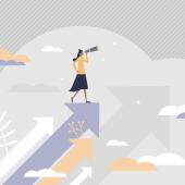 illustration woman with telescope standing on arrows surrounded by clouds