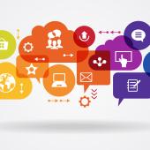 Thought and speech bubbles, rainbow colors, communication icons