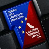 A custom computer key is split into two different colors: on the left side is the "General Data Protection Regulation" and "California Consumer Privacy Act"
