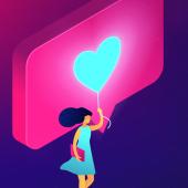 business woman carrying a social media like as a balloon