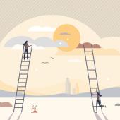 Two women climbing up ladders