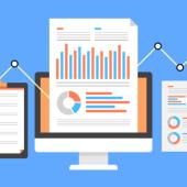 Graphic of paper, data, and computers in front of a blue background and increasing white line graph.