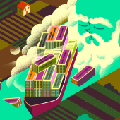 Illustration of a cargo ship stuck in a canal