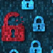 Broken red padlock and secure blue padlocks in front of a gray background made of code.