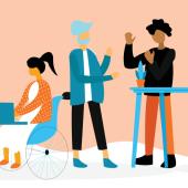 Flat illustration of diverse coworkers chatting in front of an abstract pink background.