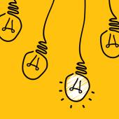 Flat drawing of yellow lightbulbs hanging from wires, with one glowing white, in front of a yellow background.
