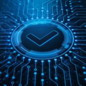 3D graphic design of digital blue check sign on top of a black background.