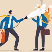 illustration of businessman using fire extinguisher to put out fire on another man