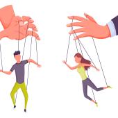 colored drawing--white hand manipulating male-looking figure like it's a marionette, same for female-looking figure