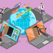 drawing, color-globe surroundd by laptops with people walking into screen to symbolize connection via laptop video mtgs