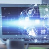 3-D cybersecurity meta image over tablet