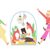 Lively women surrounding a reserved woman sitting down reading a book. 