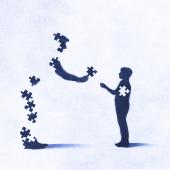 figured with missing pieces giving pieces to smaller figure, child-appearing, whole but for one missing piece