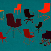chairs of different colors, includes wheelchair
