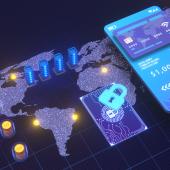 digitized-looking world view, hot map, with cell phone showing credit card and next to it a lock