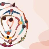 Banner image depicts a group of people holding stands while standing in a circle. 