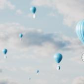 Alarm clocks tied to hot air balloons floating in the sky. 