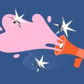 Megaphone with pink exclamation bubble coming out of it. 