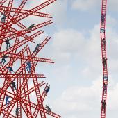 A stack of men neatly climbing up a column of stacked ladders next to a jumbled mess of men in a web of ladders. 