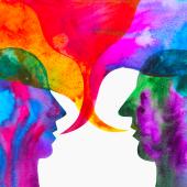 Watercolor of two silhouettes speaking to each other. 