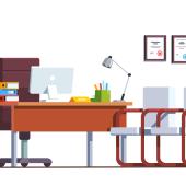 Lawyer's office with a table, books, and legal degrees. 