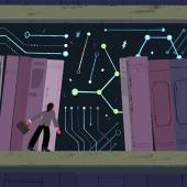 Lawyer standing on a giant bookshelf with a circuit-like backdrop behind the books.