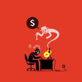 Image of a hacker demanding payment for decryption of stolen data. Ransomware.