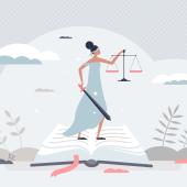 Illustration of lady justice with a sword, standing on a legal book.