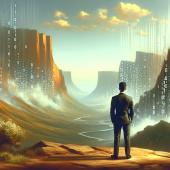 Legal professional overlooks a canyon with floating binary code