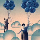 two business people flying by holding balloons