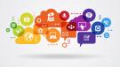 Thought and speech bubbles, rainbow colors, communication icons
