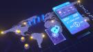 digitized-looking world view, hot map, with cell phone showing credit card and next to it a lock